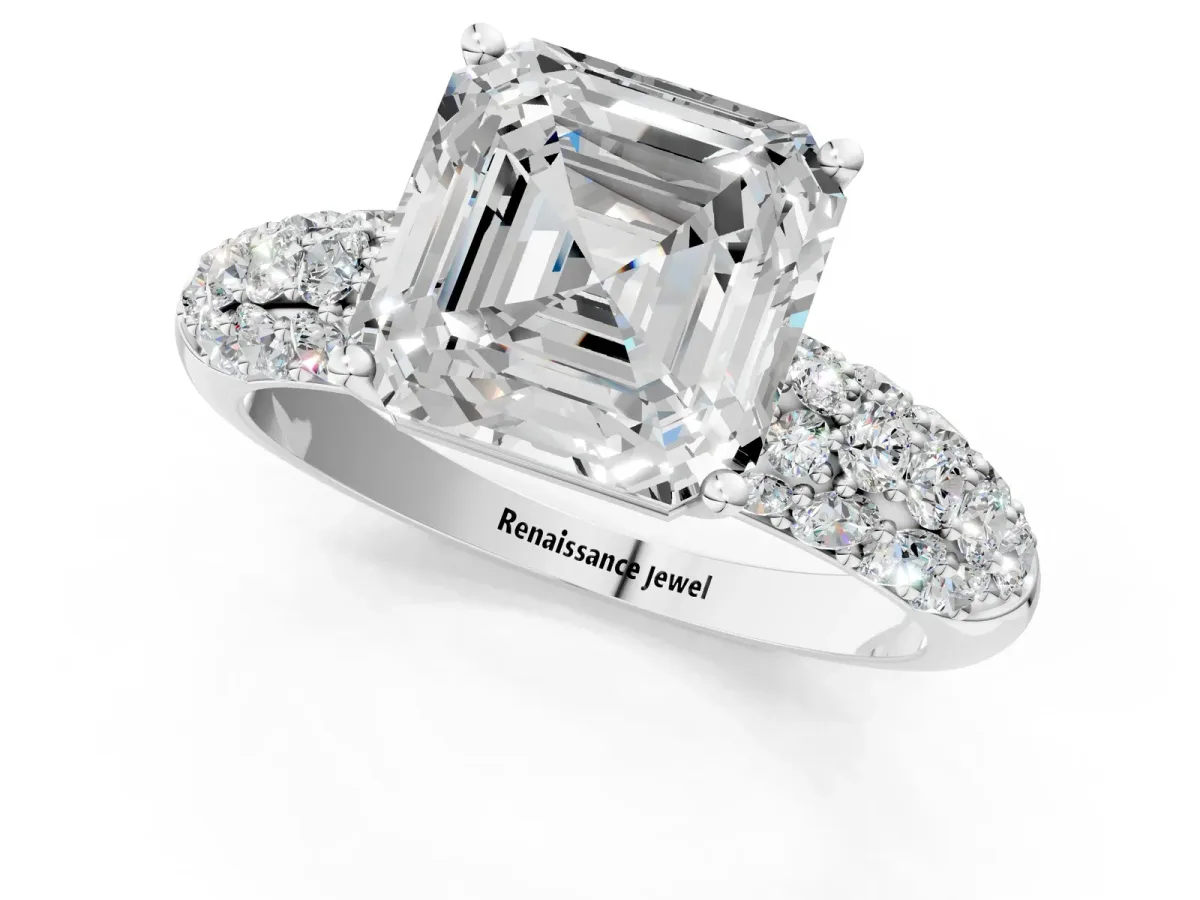 Asscher Cut Diamond Pavé Band Solitaire Ring with Four-Prong Setting Platinum