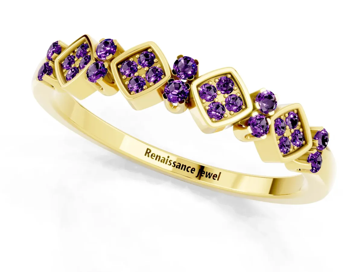 Pavé Cushion Amethyst Cluster Eternity Band with Prong Setting Yellow gold