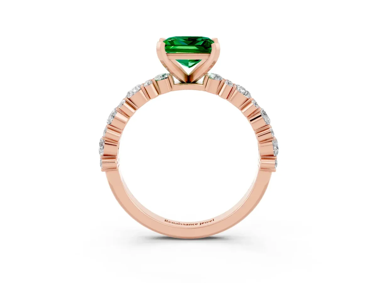 Princess Cut Emerald Side Stone Solitaire Ring with Round and Four-Prong Setting Rose gold