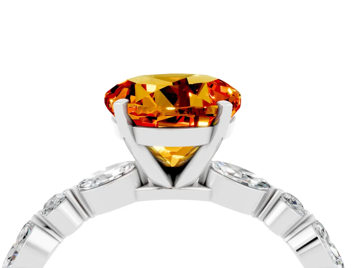Round Cut Citrine Ring with Marquise and Round Side Stones and Four-Prong Setting Silver