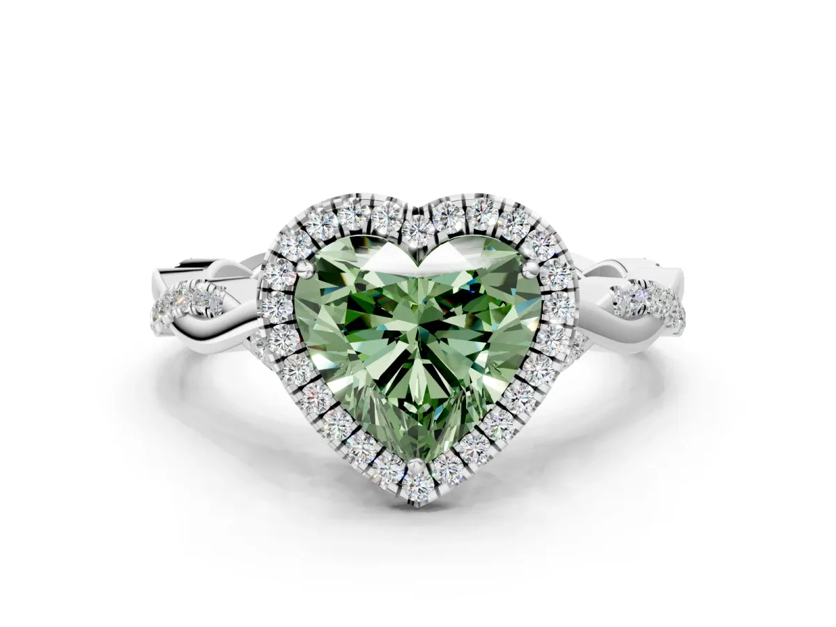 Fancy Green Heart Cut Halo Twist Band Solitaire Ring Platinum