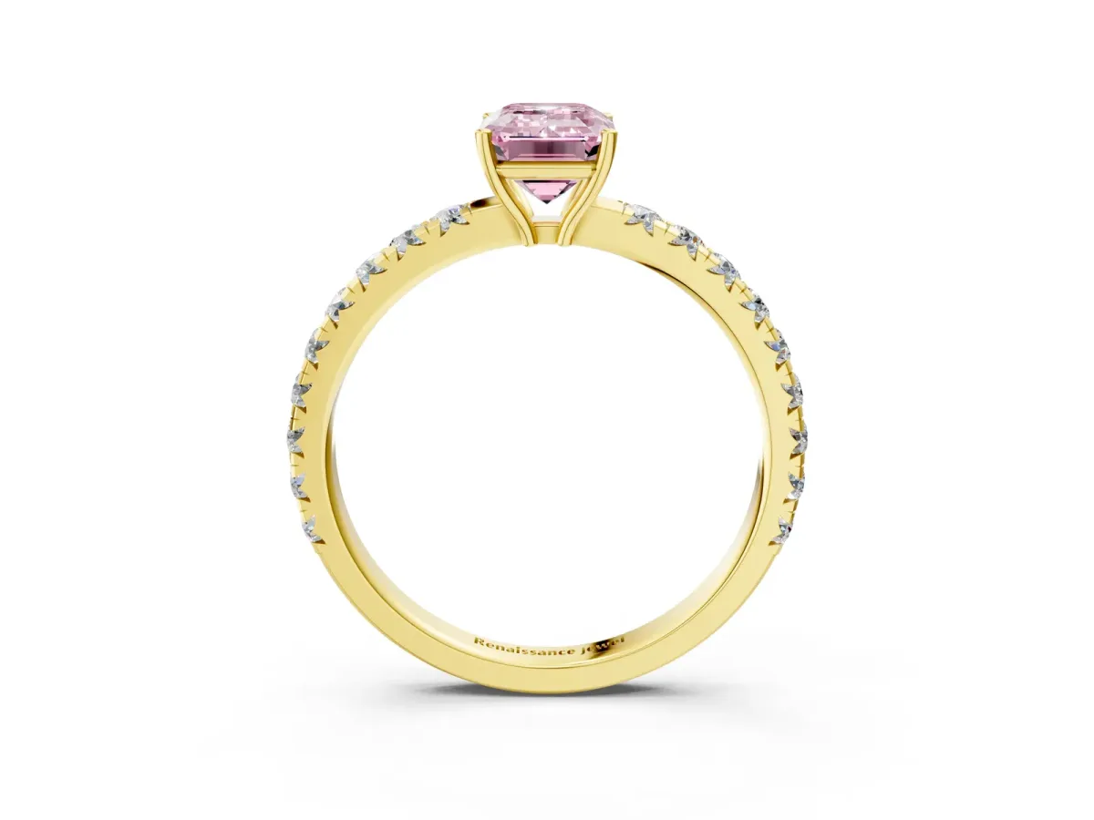 Fancy Pink Emerald Cut Diamond Pavé Solitaire Engagement Ring with Four-Prong Setting Yellow gold