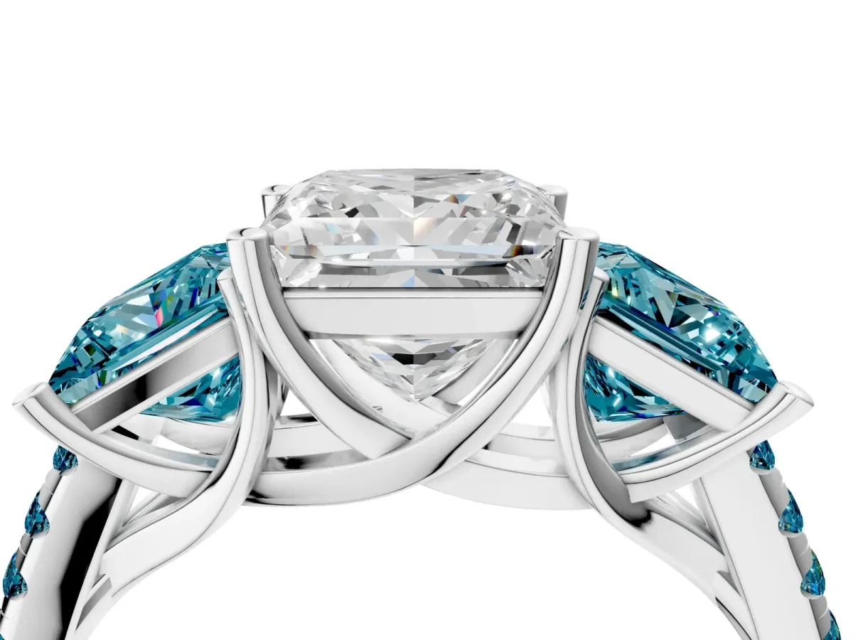 Three-Stone Princess Cut Diamond Ring with Round Blue Topaz Pavé Band and Prong Setting Silver