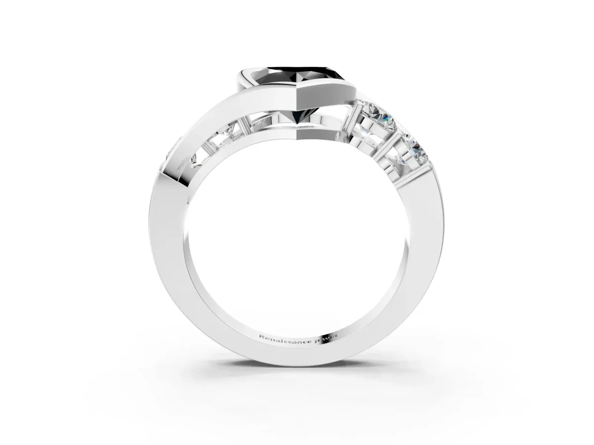 Fancy Black Bezel Set Heart Cut Diamond Bypass Ring with Round Accents Silver