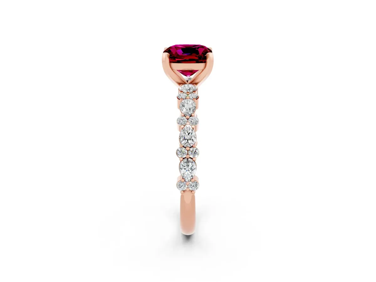 Cushion Cut Garnet Side Stone Solitaire Ring with Round and Four-Prong Setting Rose gold