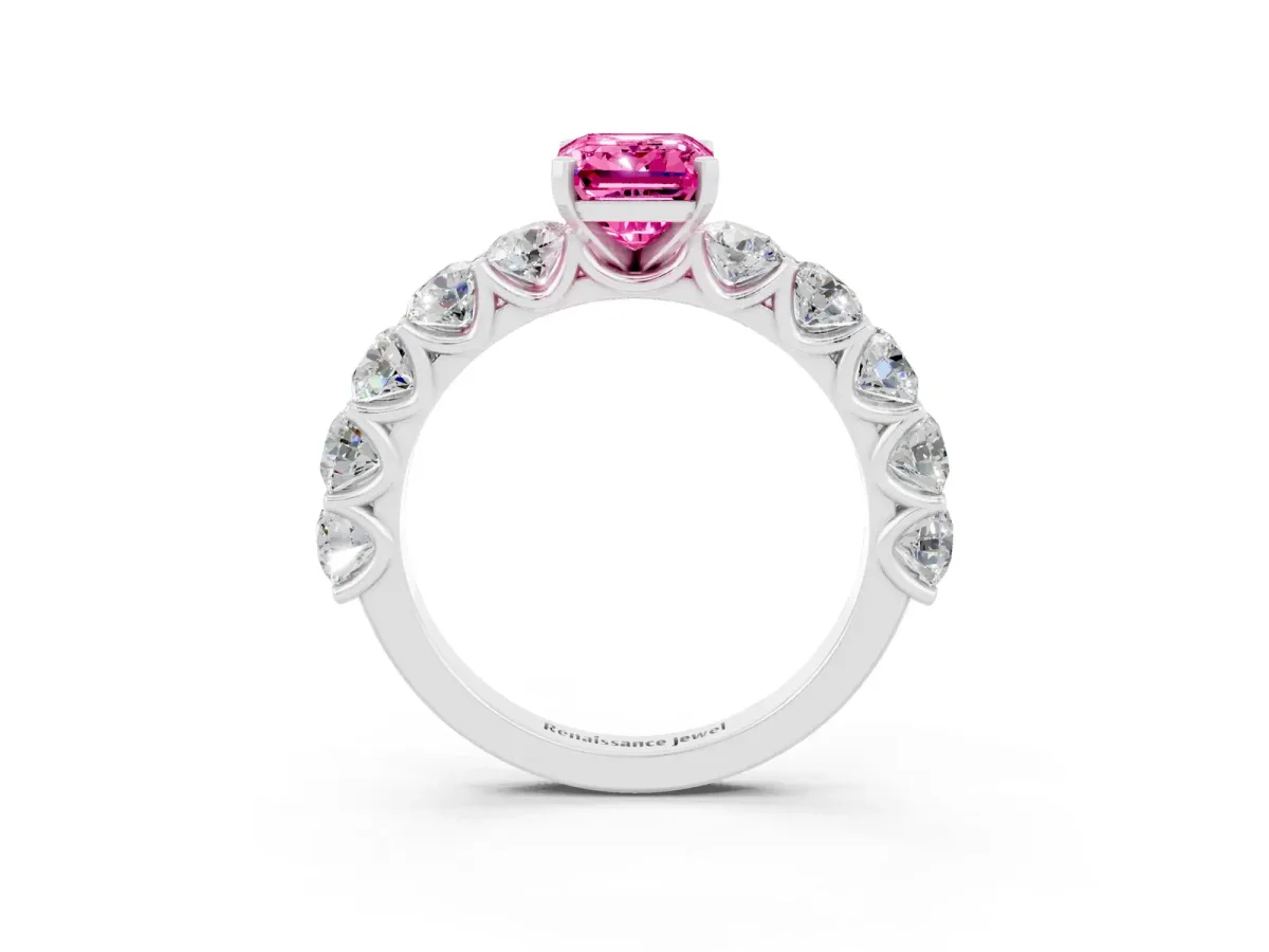 Emerald Cut Pink Sapphire Prong Setting with Side Stones on a Pave Band Silver