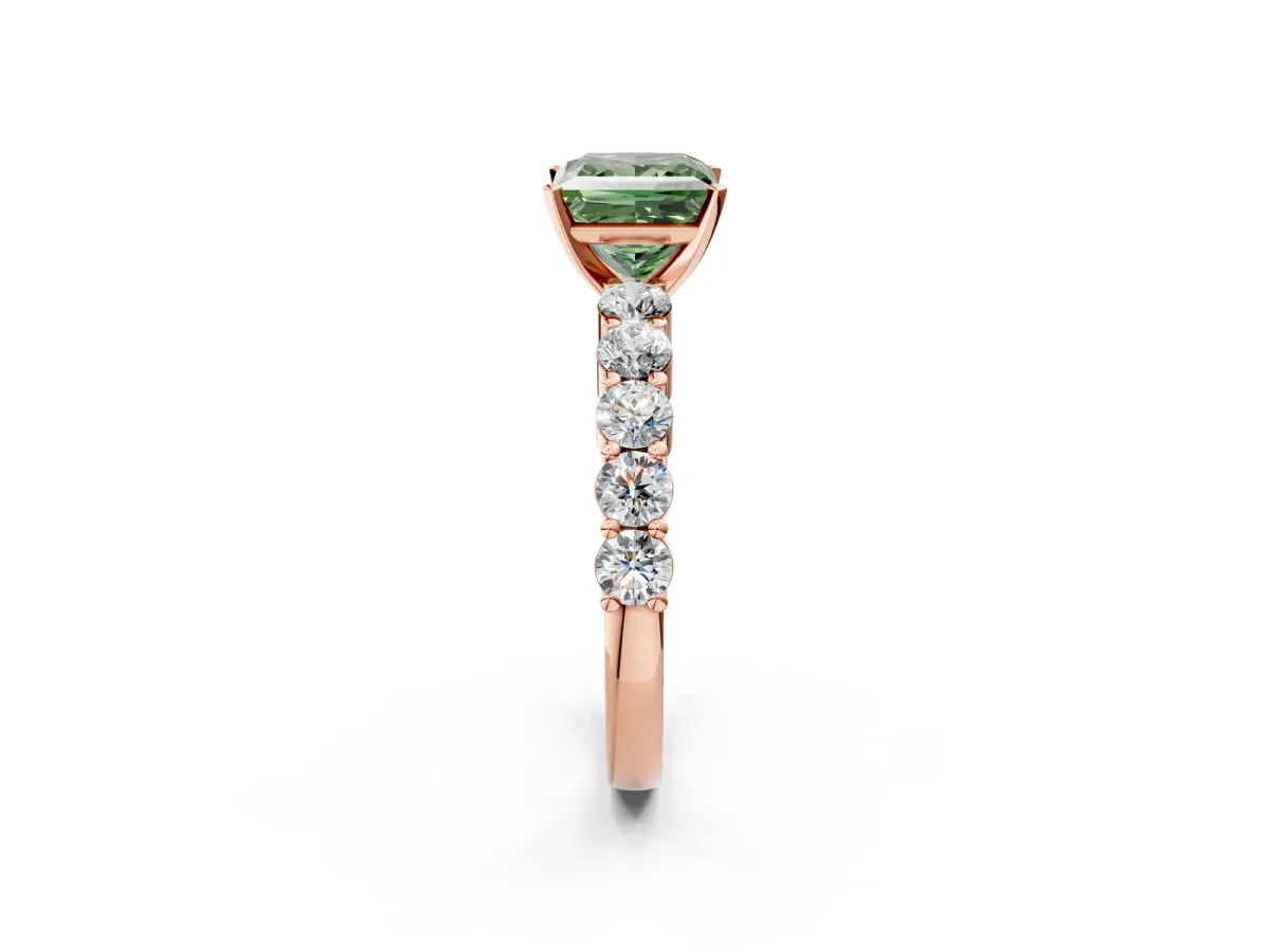 Fancy Green Princess Cut Diamond Solitaire Ring with Shared Prong Round Side Stones Rose gold