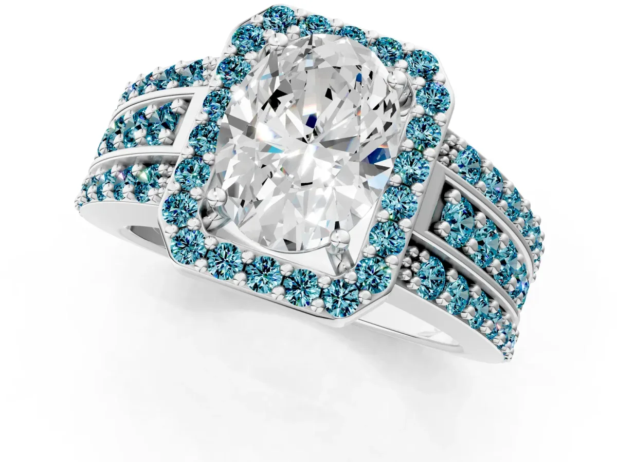 Oval Cut Halo Diamond Ring with Round Blue Topaz Split Shank and Prong Setting Platinum