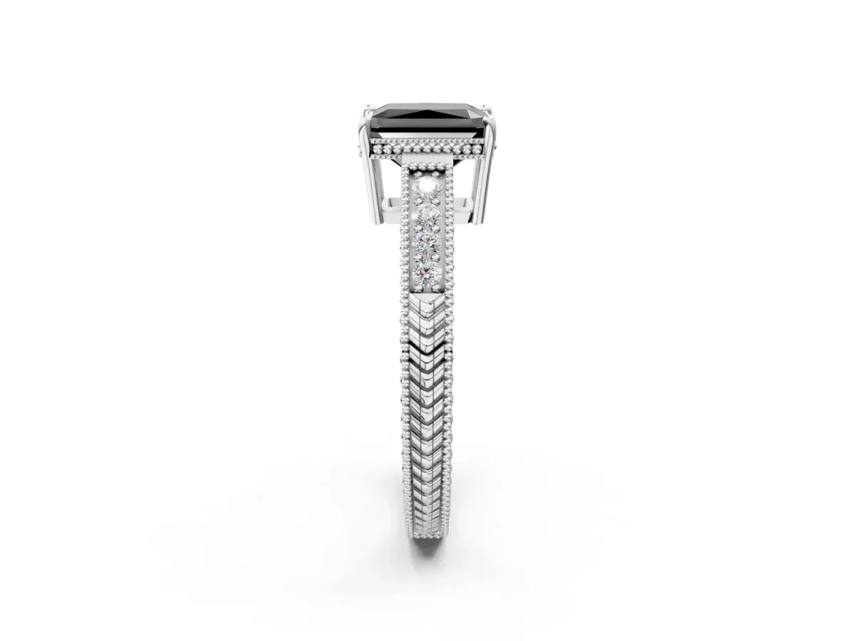 Fancy Black Radiant Cut Cut Diamond Milgrain Pave Band Four-Prong Setting Ring Platinum