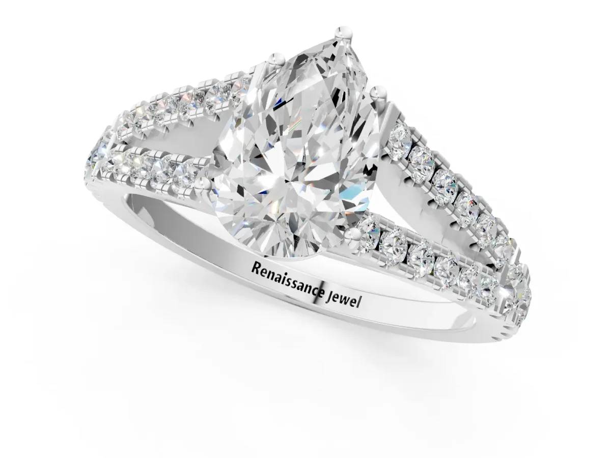 Pear Cut Diamond Split Shank Engagement Ring with Round Pavé and Prong Setting Platinum