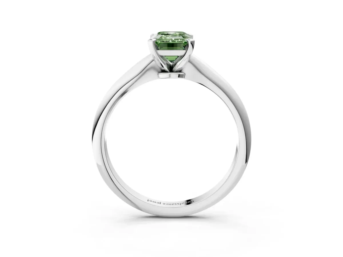 Fancy Green Emerald Cut Diamond Solitaire Engagement Ring with Classic Band and Four-Prong Setting Silver