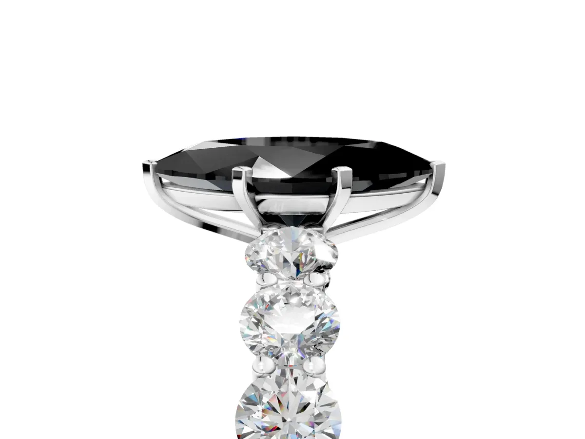 Fancy Black Marquise Cut Diamond Prong Setting with Side Stones on a Pave Band Silver