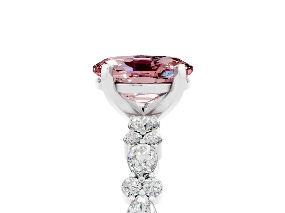 Oval Cut Morganite Side Stone Solitaire Ring with Round and Four-Prong Setting Silver