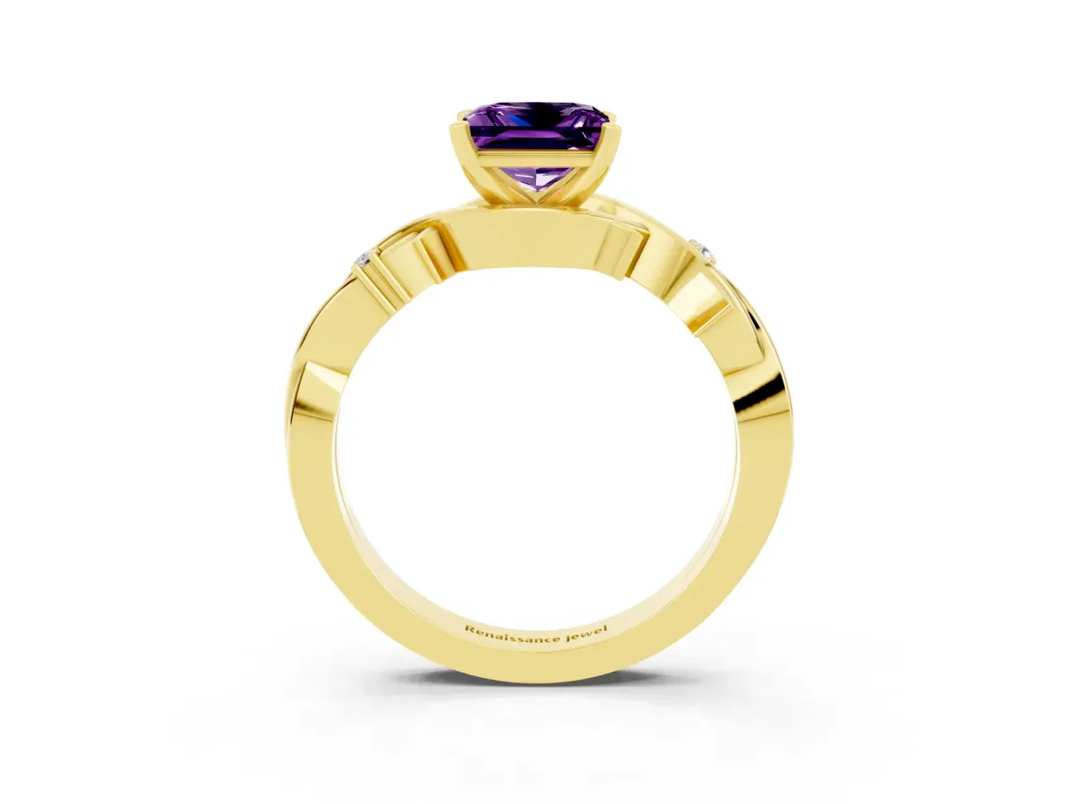 Princess Cut Amethyst Solitaire Ring with Twisted Band and Prong Setting Yellow gold