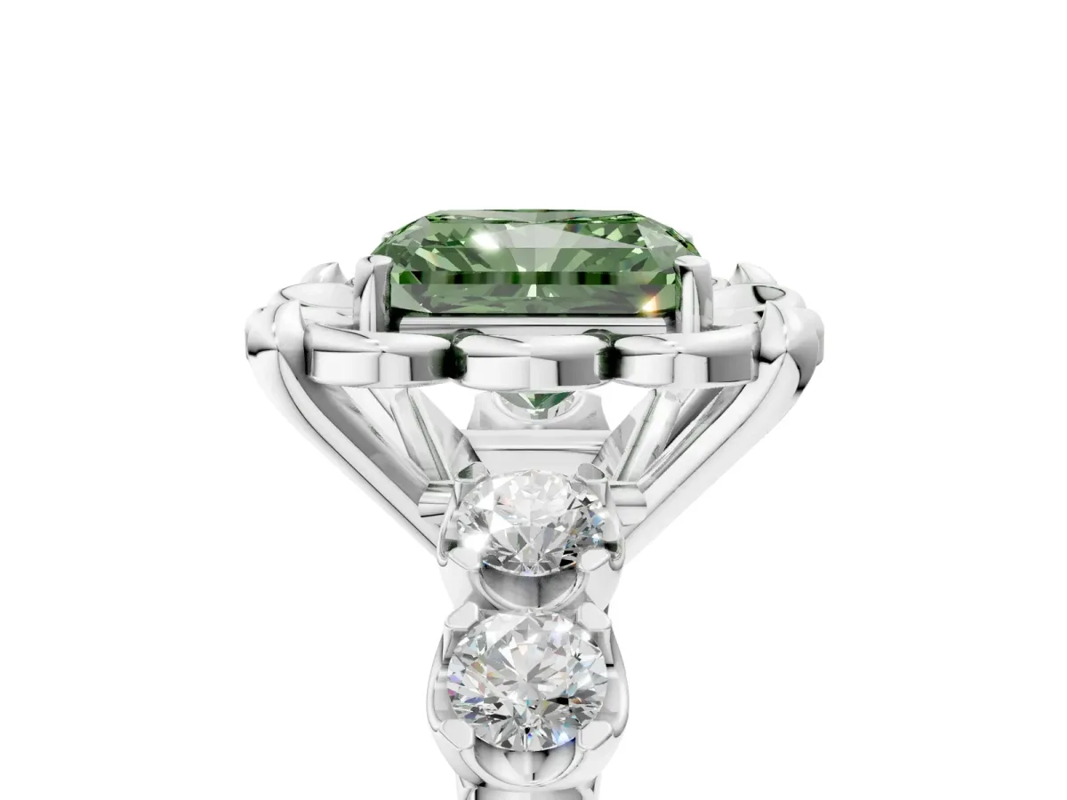 Fancy Green Radiant Cut Cut Diamond Floral Halo Engagement Ring with Shared Prong Setting Silver