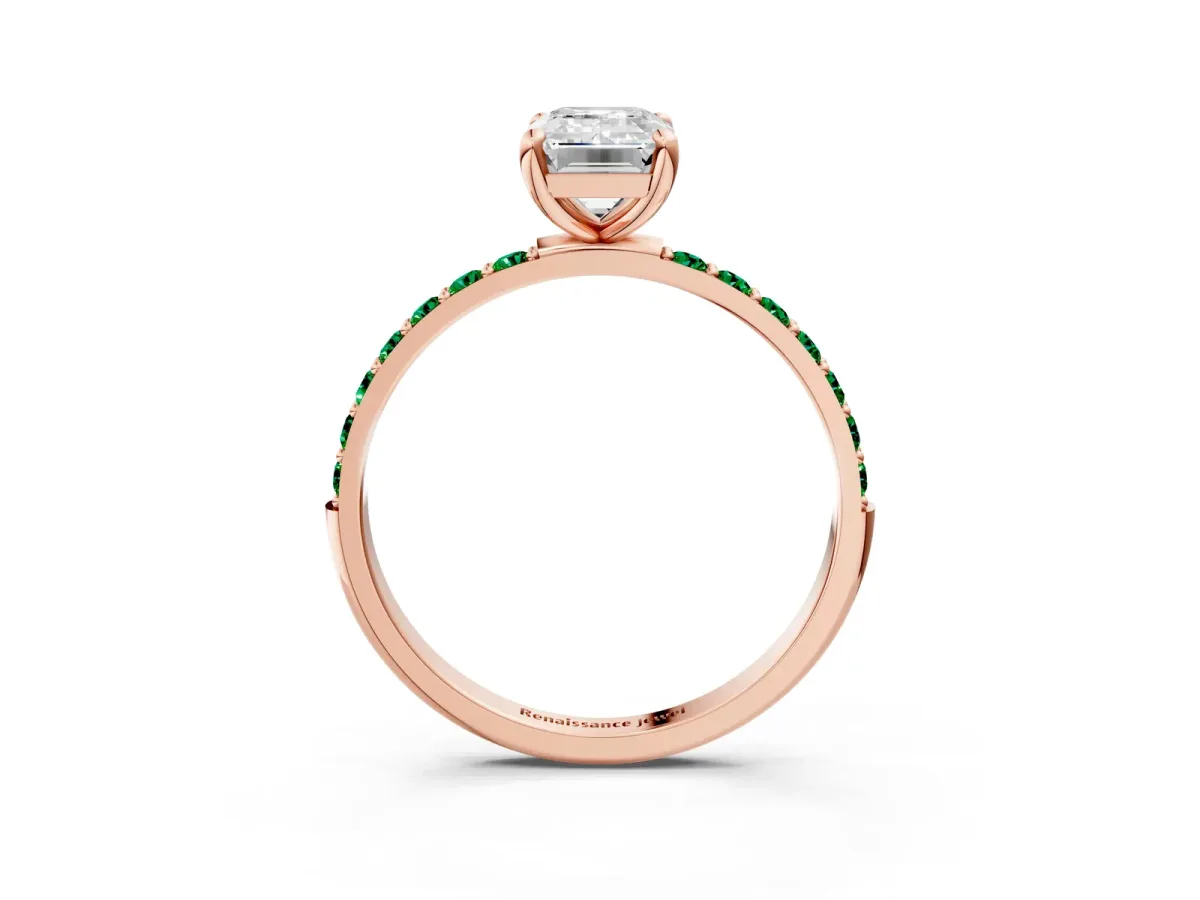 Emerald Cut Diamond Solitaire Ring with Round Emerald Pavé Band and Prong Setting Rose gold