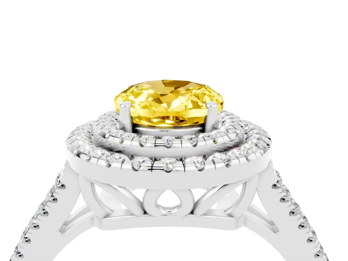 Oval Cut Yellow Sapphire Double Halo Ring with Pavé Band and Prong Setting Silver