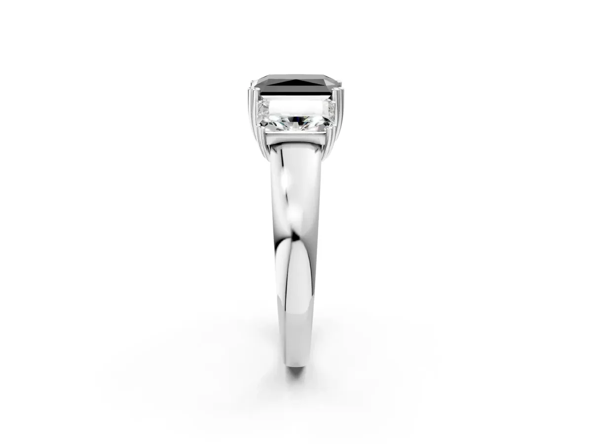 Fancy Black Three-Stone Radiant Cut Cut Diamond Ring with Channel Set Band and Four-Prong Setting Silver