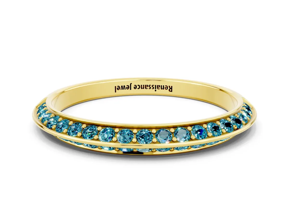 Double Row Pavé Round Blue Topaz Eternity Band with Channel Setting Yellow gold