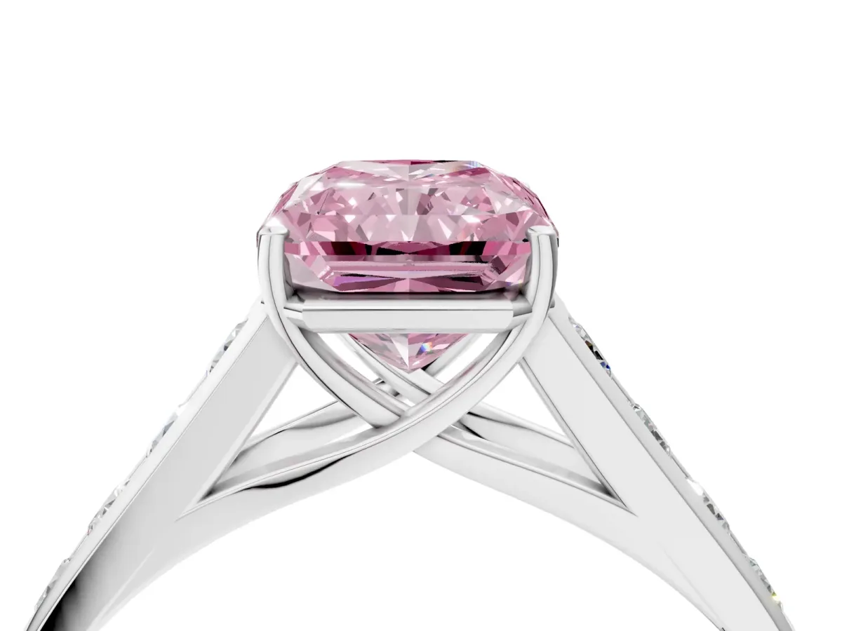 Fancy Pink Radiant Cut Solitaire Channel-Set Diamond Engagement Ring with Four-Prong Setting Platinum