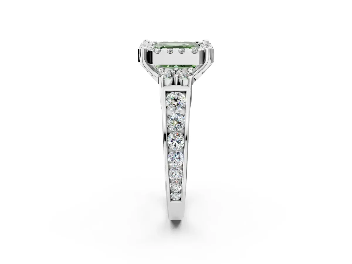 Fancy Green Asscher Cut Halo Diamond Engagement Ring with Split Shank and Four-Prong Setting Platinum