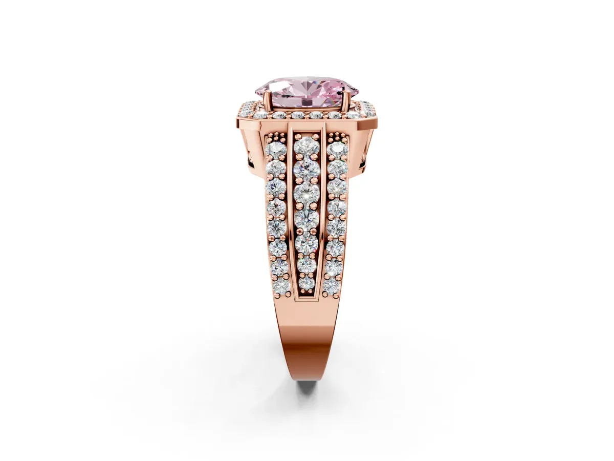Fancy Pink Oval Cut Halo Diamond Ring with Round Split Shank and Prong Setting Rose gold