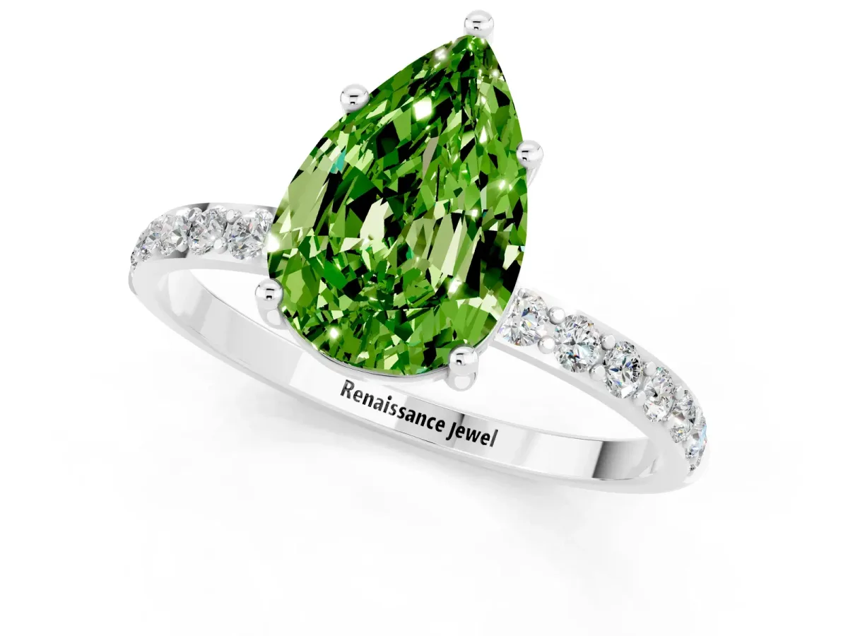 Pear Cut Peridot Solitaire Ring with Round Pavé Band and Prong Setting Platinum