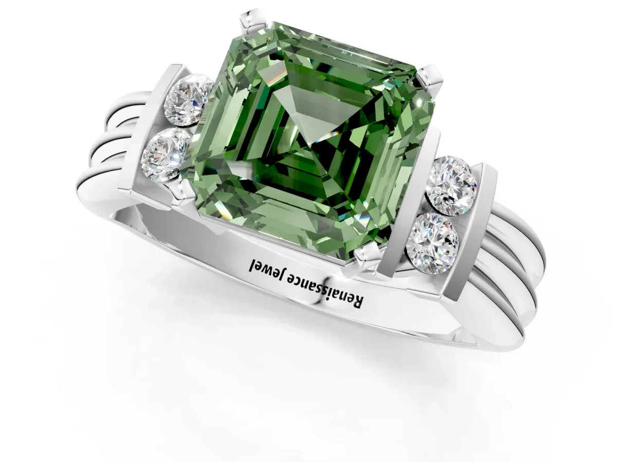 Fancy Green Asscher Cut Cut Three-Stone Channel Set Ring with Bar Prongs Platinum