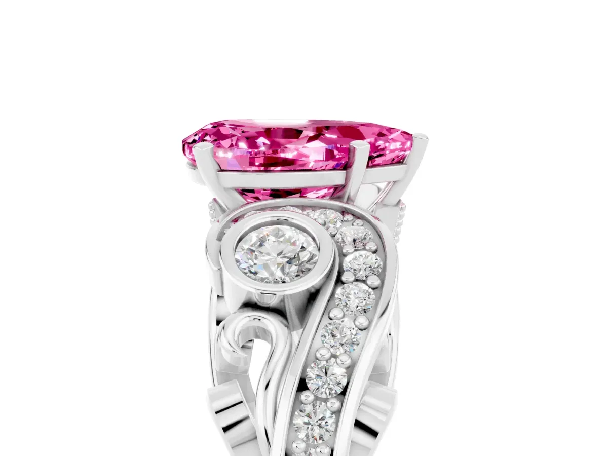 Pear Cut Pink Sapphire Solitaire Ring with Milgrain Pavé Band and Four-Prong Setting Silver