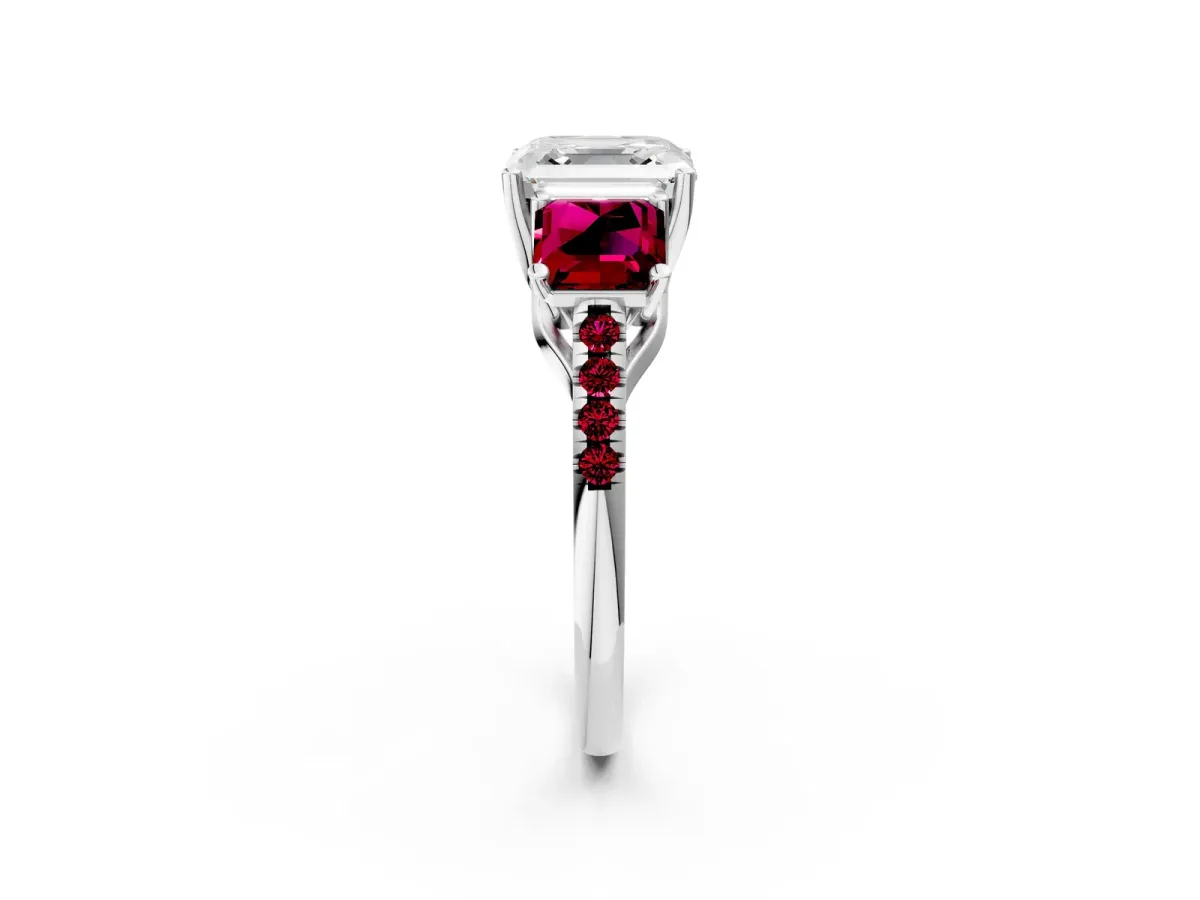 Three-Stone Asscher Cut Diamond Ring with Round Garnet Pavé Band and Prong Setting Silver