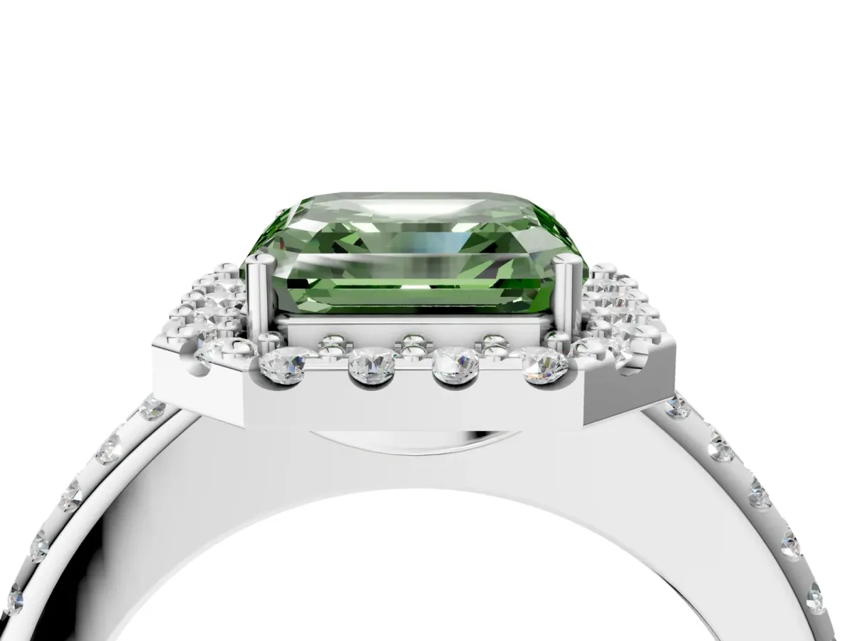 Fancy Green Asscher Cut Diamond Pavé Halo Ring with Four-Prong Setting Platinum