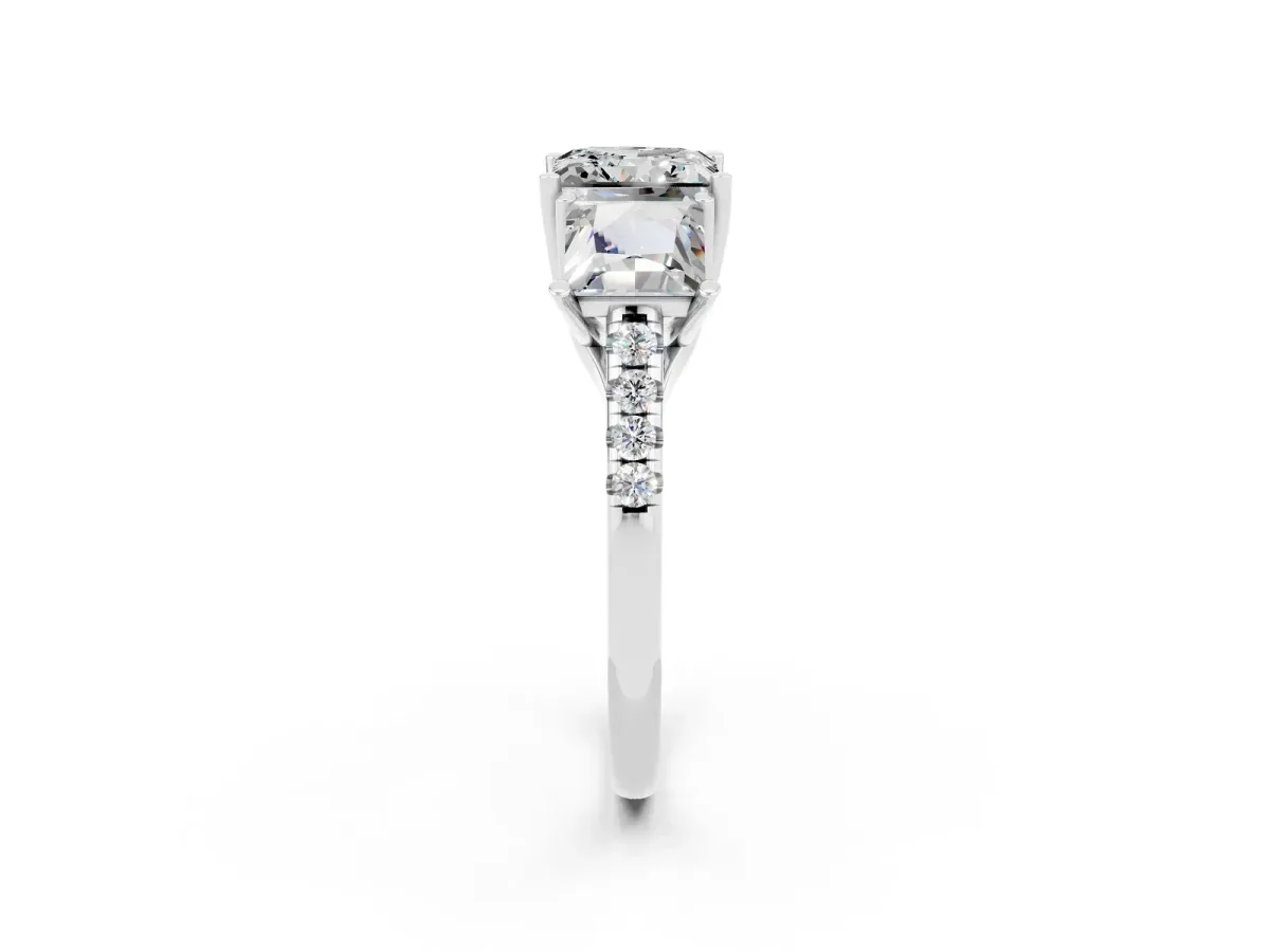 Three-Stone Princess Cut Moissanite Ring with Round Pavé Band and Prong Setting Silver