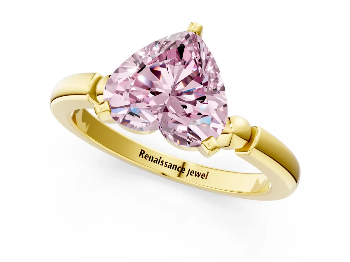 Fancy Pink Heart Cut Solitaire Beaded Band with Four-Prong Setting Yellow gold