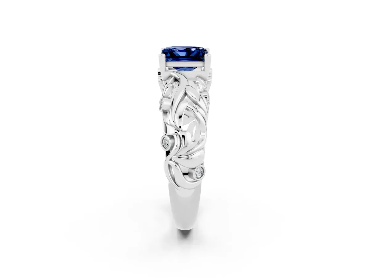 Princess Cut Solitaire Blue Sapphire Leaf-Inspired Vine Band Ring with Prong Setting White gold