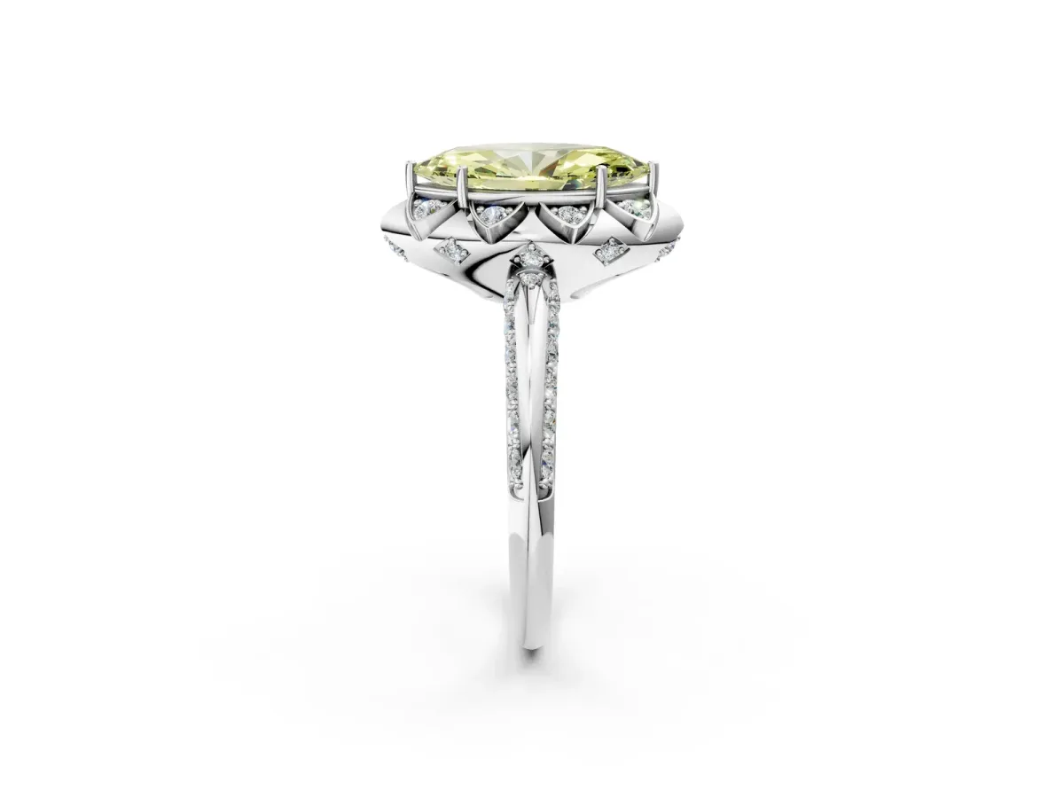 Fancy Yellow Marquise Cut Halo Split Shank Pave Diamond Ring with Petal Prong Setting Platinum