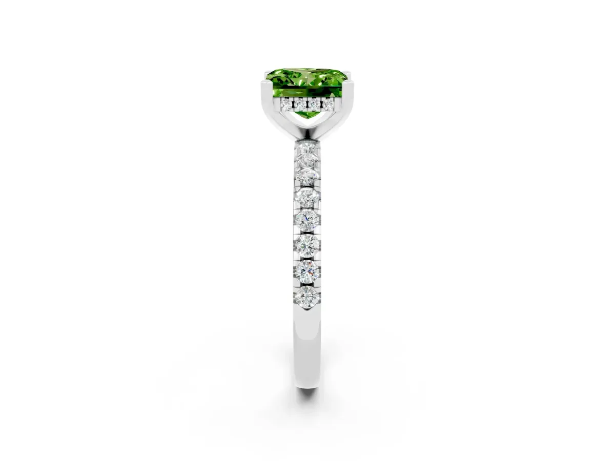 Princess Cut Peridot Solitaire Ring with Round Pavé Band and Four-Prong Setting Silver