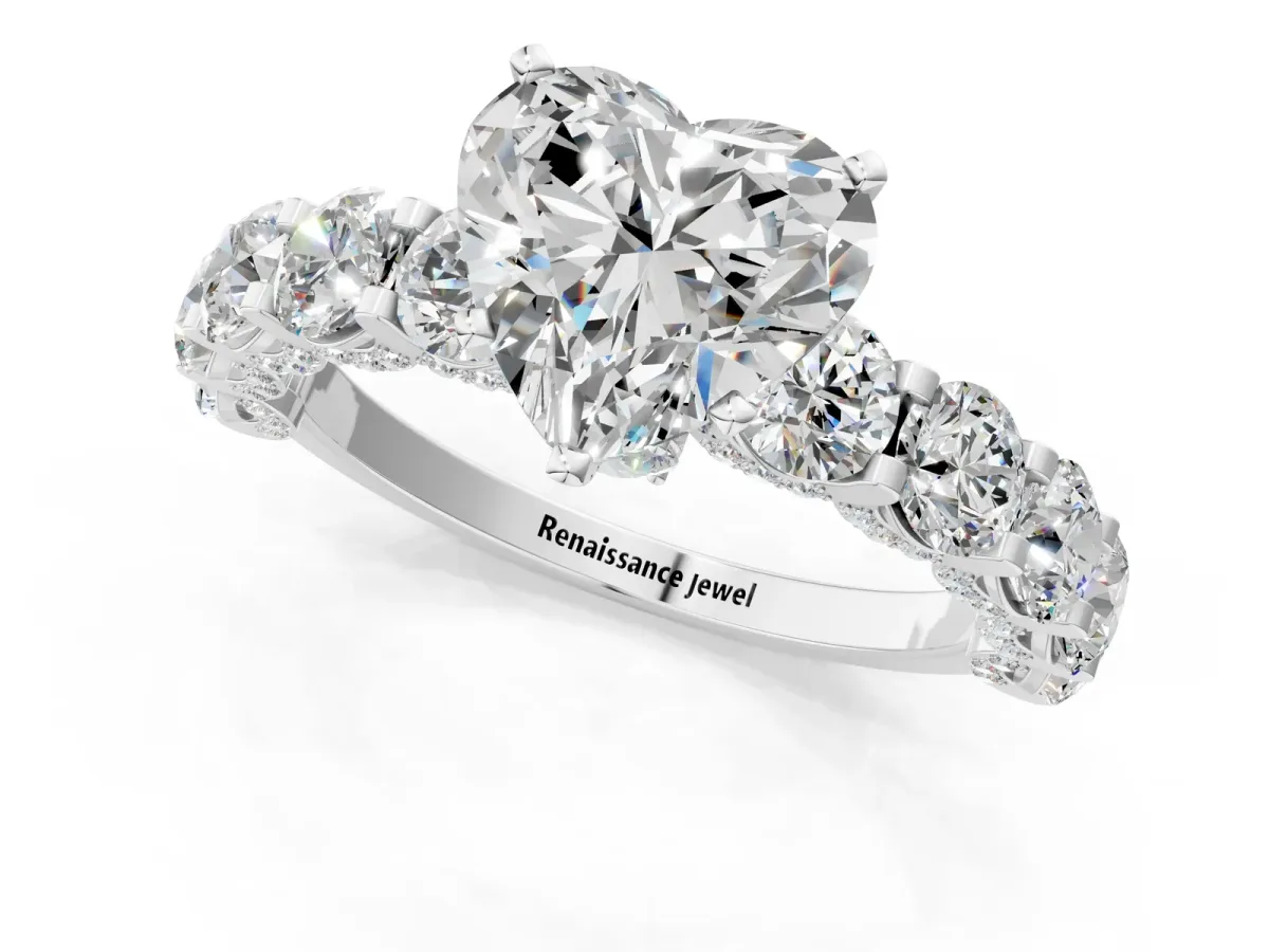 Heart Cut Diamond Side Stone Engagement Ring with Four-Prong Setting White gold