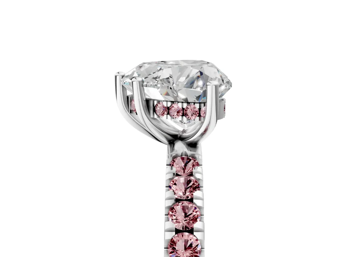 Heart Cut Diamond Pave Band Solitaire Ring with Round Morganite and Prong Setting Silver