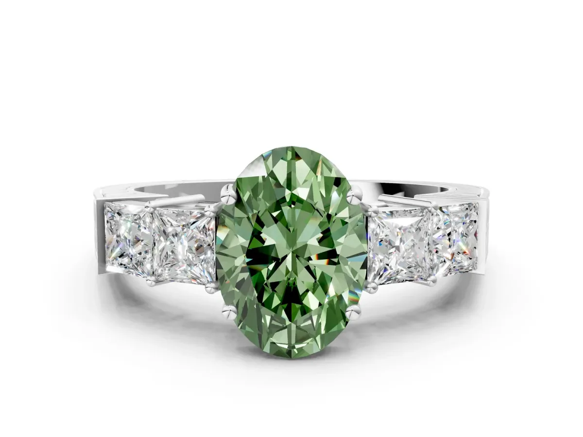 Fancy Green Oval Cut Solitaire Princess Side Stone Engraved Band Prong Setting Ring Silver