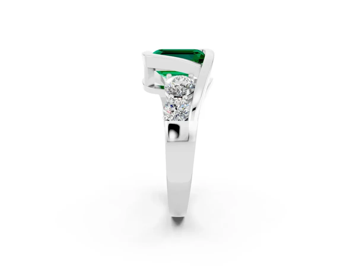 Bezel Set Emerald Cut Emerald Bypass Ring with Round Accents Platinum
