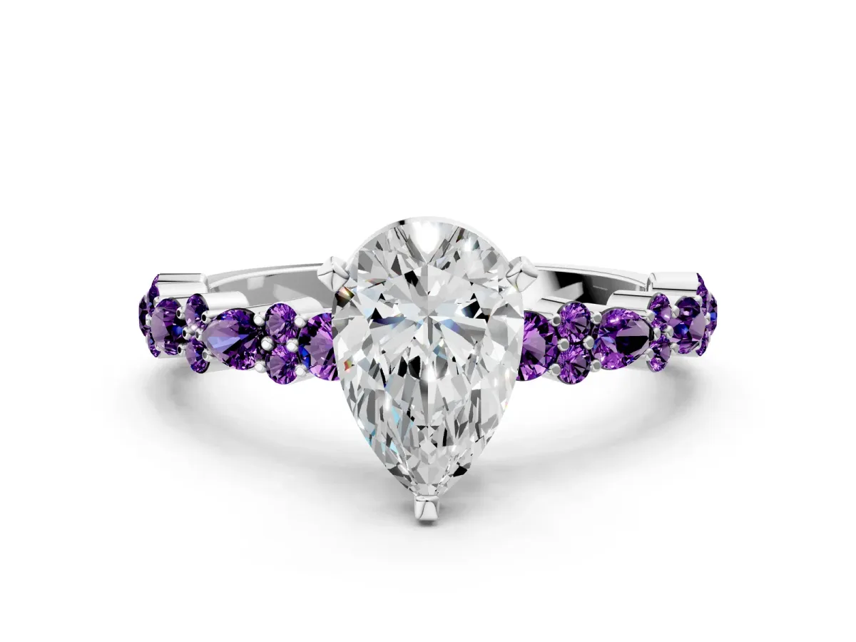 Pear Cut Diamond Side Stone Solitaire Ring with Round Amethyst and Four-Prong Setting Silver
