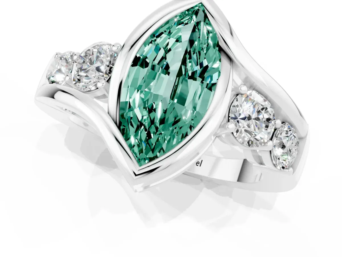 Bezel Set Marquise Cut Green Sapphire Bypass Ring with Round Accents Silver
