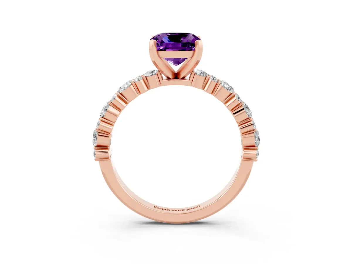 Cushion Cut Amethyst Side Stone Solitaire Ring with Round and Four-Prong Setting Rose gold