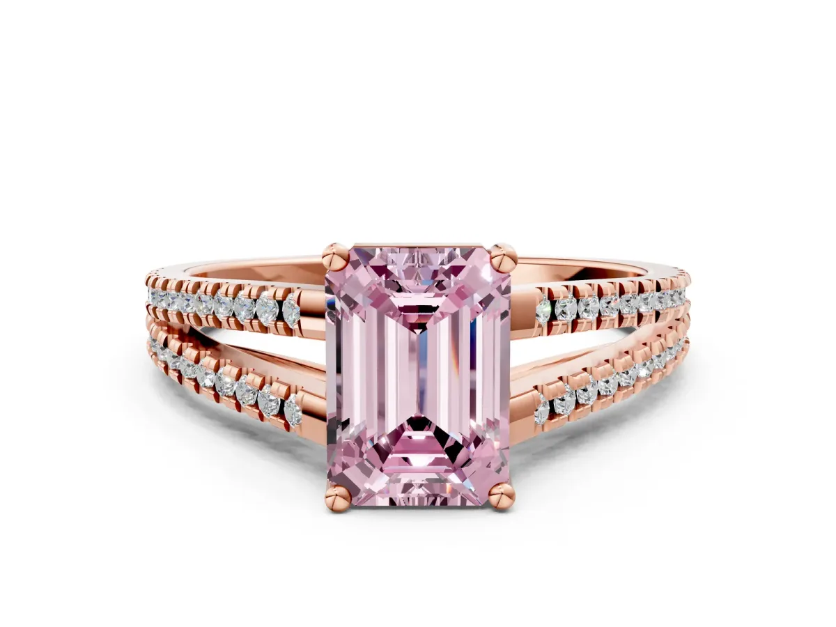 Fancy Pink Emerald Cut Diamond Solitaire Engagement Ring with Split Shank Pavé Band Rose gold