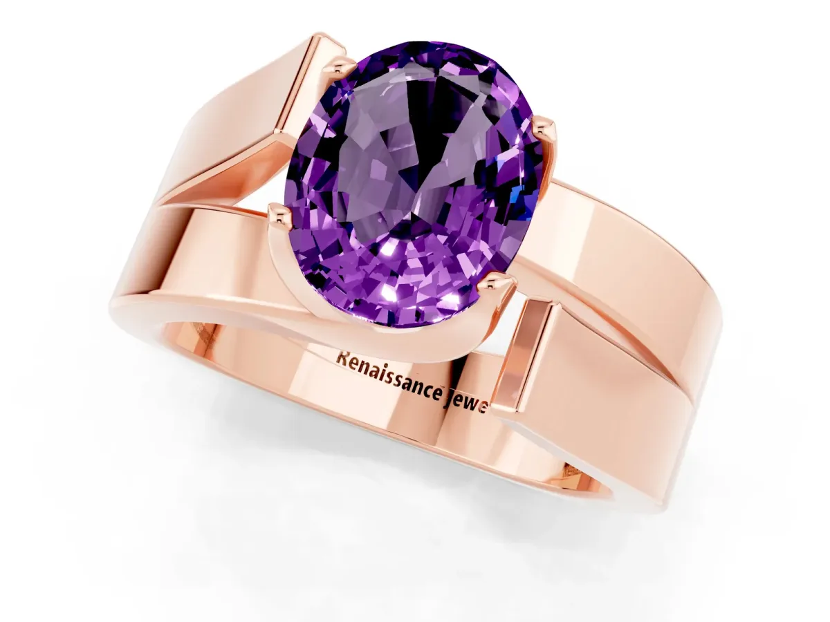 Modern Tension Set Oval Cut Amethyst Solitaire Wide Band Ring Rose gold