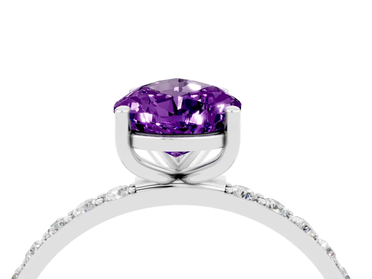 Pear Cut Amethyst Solitaire Ring with Round Pavé Band and Prong Setting Silver
