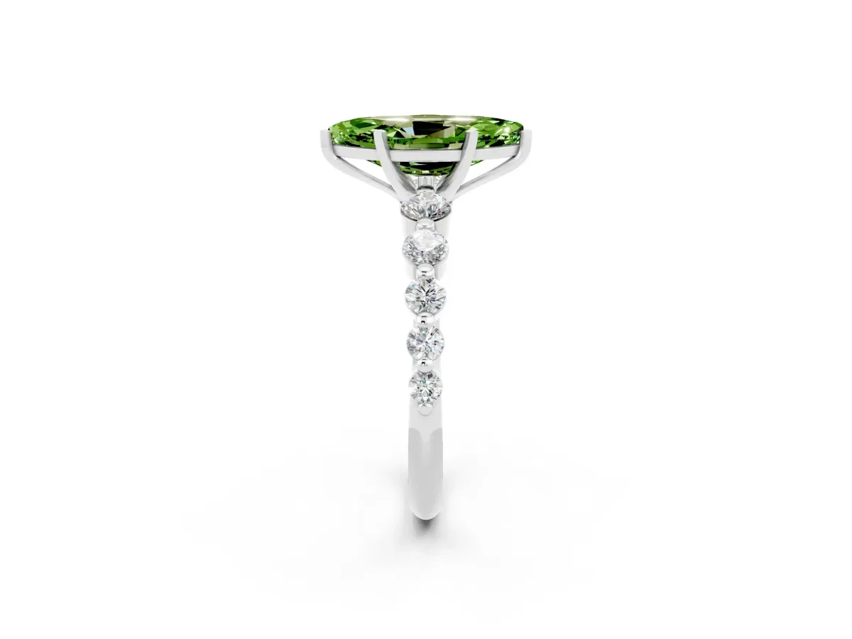 Marquise Cut Solitaire Peridot Ring with Pave Band and Four-Prong Setting Silver
