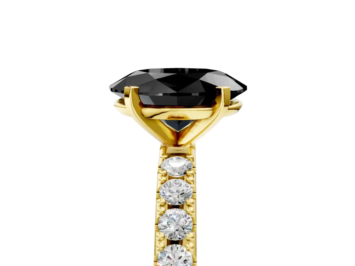 Fancy Black Oval Cut Diamond Solitaire Pavé Band with Four-Prong Setting Yellow gold
