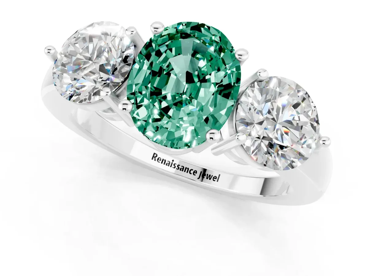 Oval Cut Green Sapphire Three-Stone Ring with Prong Setting and Classic Band White gold