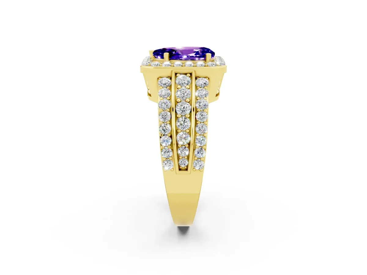 Pear Cut Halo Tanzanite Ring with Round Split Shank and Prong Setting Yellow gold